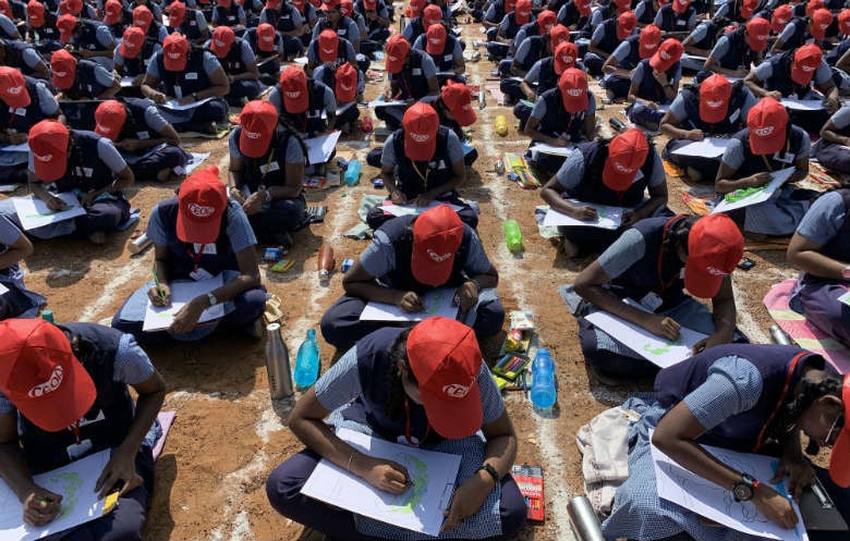 Students in India from the Ceoa School broke the record for most people coloring in simultaneously. Photo courtesy of Guinness World Records.
