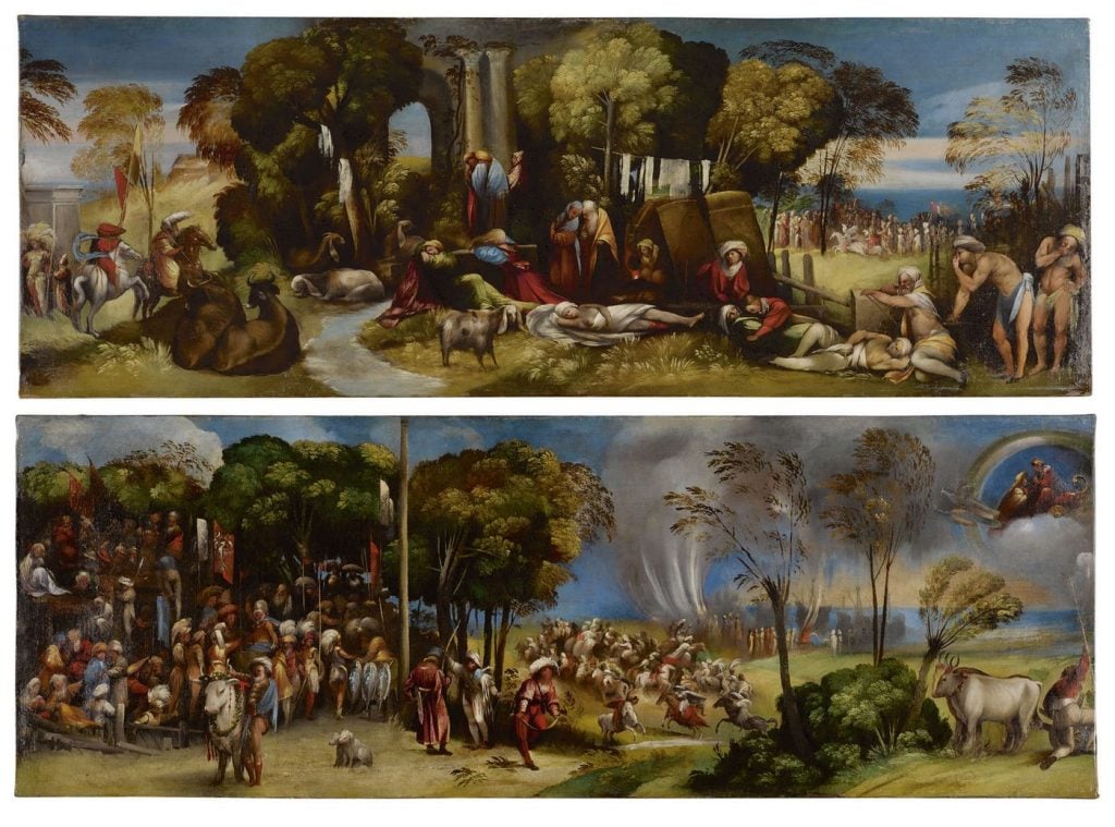 Giovanni di Niccolò de Lutero, called Dosso Dossi, The Sicilian Games (top) and The Plague at Pergamea, from a frieze of 10 paintings based on episodes from The Aeneid. The frieze, from the collection of Hester Diamond, is estimated to sell for $3 million to $5 million. Photo courtesy of Sotheby's.