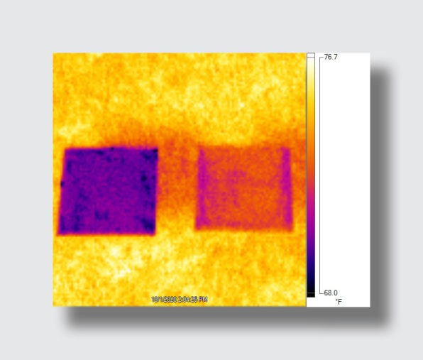 An infrared camera image shows that white radiative cooling paint developed by Purdue University researchers (left) can stay cooler in direct sunlight than commercial white paint. Photo by Joseph Peoples/Purdue University.
