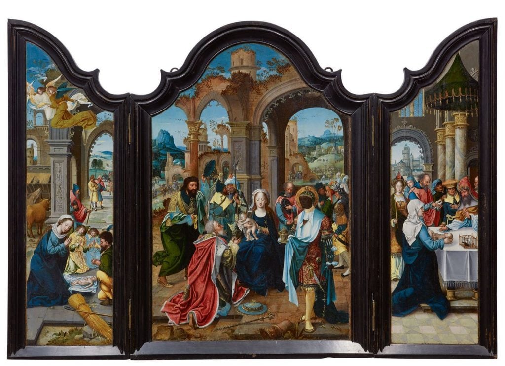 Pieter Coecke van Aelst, <em>A Triptych: The Nativity, the Adoration of the Magi, The Presentation in the Temple</em> (c. 1520) from the collection of Hester Diamond, estimated to sell for $2.5 million to $3.5 million. Photo courtesy of Sotheby's.