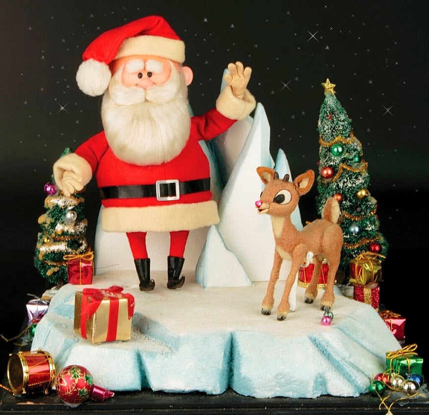 The original Santa Claus and Rudolph reindeer puppets used in the filming of the 1964 Christmas special Rudolph the Red-Nosed Reindeer from Rankin/Bass. The figures are expected to fetch between $150,000 and $250,000 at California auction house Profiles in History. Photo courtesy of Profiles in History.
