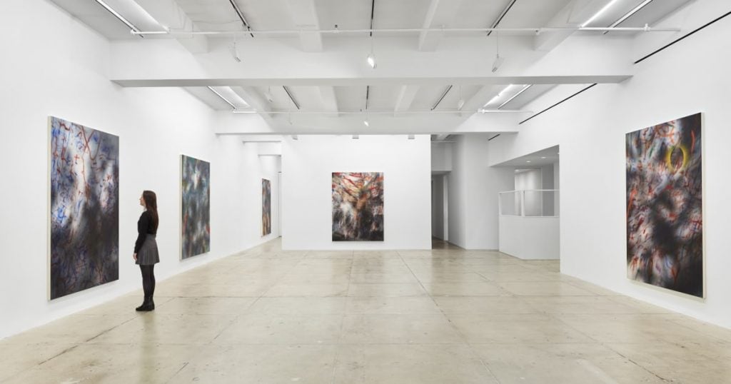 Installation view of "Julie Mehretu: About the space of half an hour" at Marian Goodman Gallery, New York. Photo courtesy of Marian Goodman Gallery, New York.