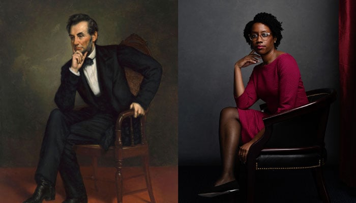 President Lincoln by George Peter Alexander Healy (1857). White House Collection, White House Historical Association. Portrait of Congresswoman Lauren Underwood by Elizabeth D. Herman for The New York Times (2019).