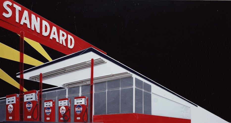 Vik Muniz, Standard Station (Night) after Ed Ruscha (from Pictures of Cars) (2008). Chromogenic print (c-print), mounted to aluminum. 44 x 75.5 x 1.5 in., edition of 6. Estimated at $30,000–40,000 in Important Photographs on Artnet Auctions.