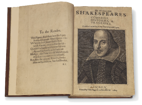 The opening page of a book of Shakespeare's plays, featuring a sketch of the playwright and the title "Comedies, Histories, and Tragedies."