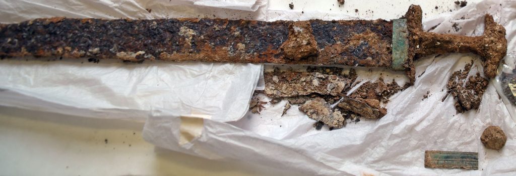The sword discovered during excavations at the Marlow Warlord burial. Photo courtesy of the University of Reading. 