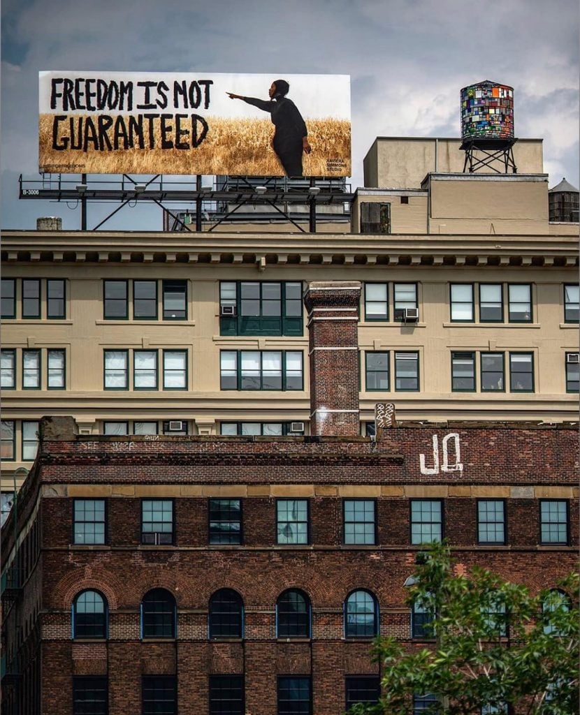 A For Freedoms Billboard by Xaviera Simmons Studio at Two Trees in Dumbo, NYC. Courtesy of For Freedoms