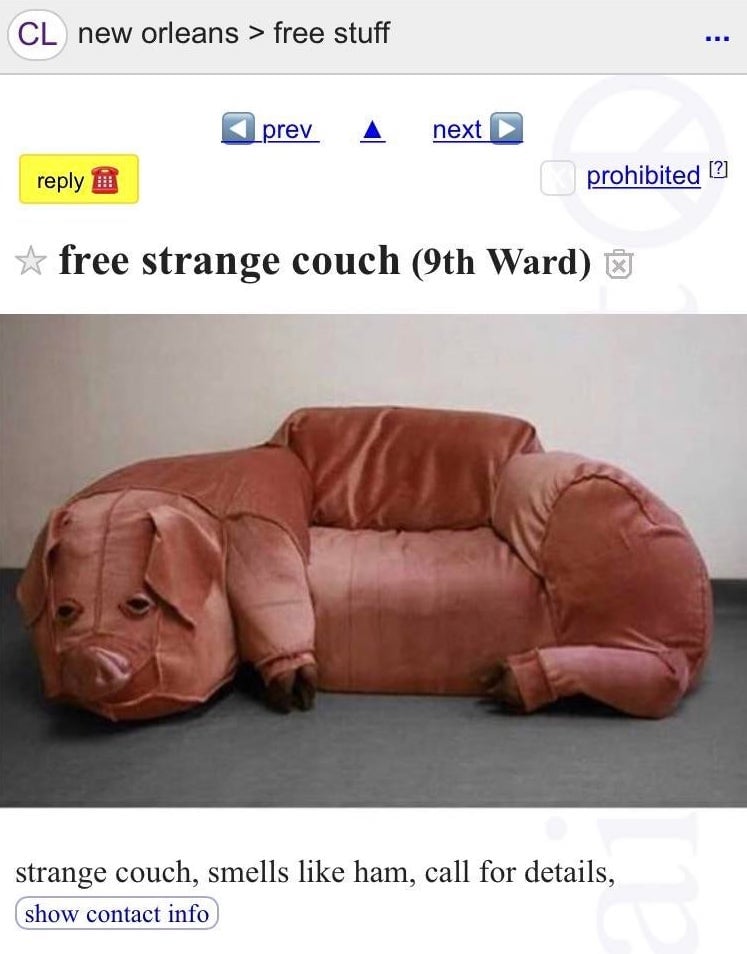 A Craigslist post for the pig couch in New Orleans.