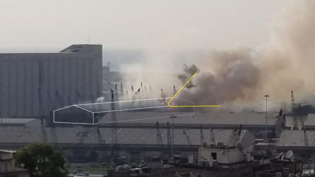 A still from Forensic Architecture's video on the August explosion in Beirut. Courtesy Forensic Architecture.