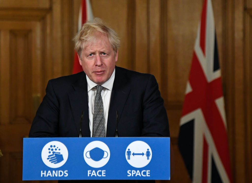 UK Prime Minister Boris Johnson speaks during a press conference in 10 Downing Street on October 31, 2020 in London, England. Photo by Alberto Pezzali-Pool/Getty Images.