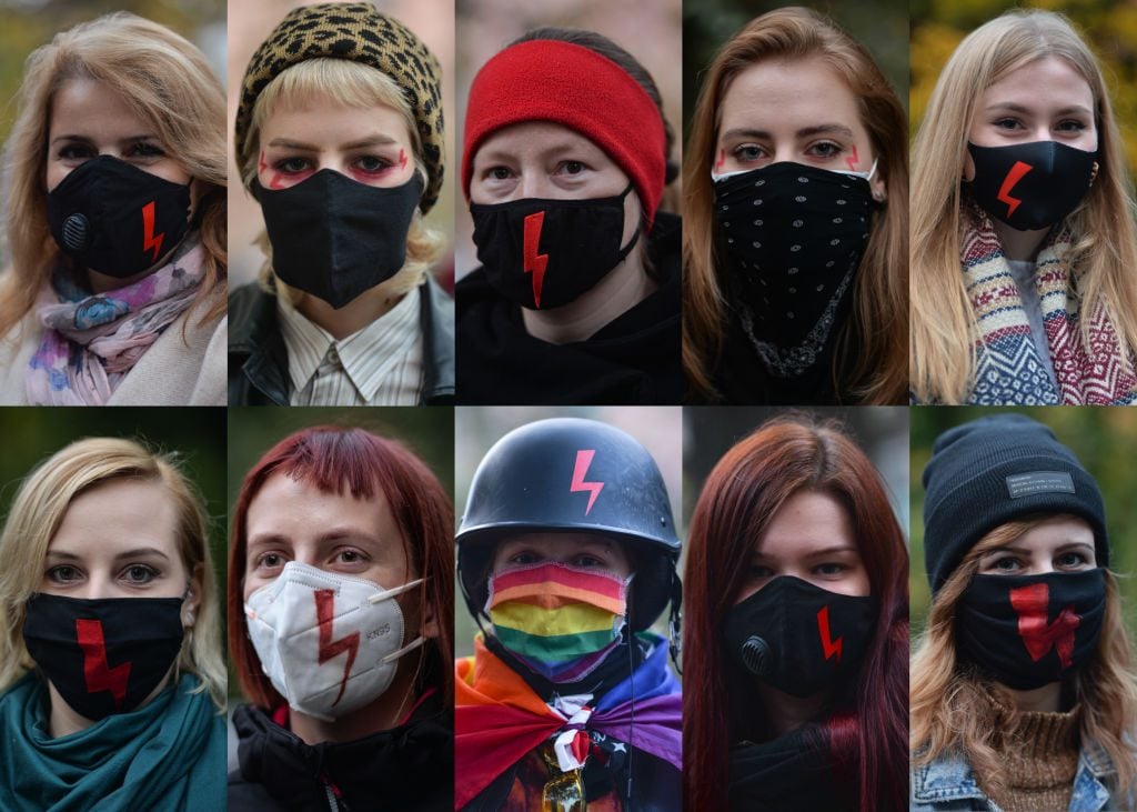 A photo collage showing portraits of Pro-Choice activists wearing face masks with a red lightning bolts. Photo: Artur Widak/NurPhoto via Getty Images.