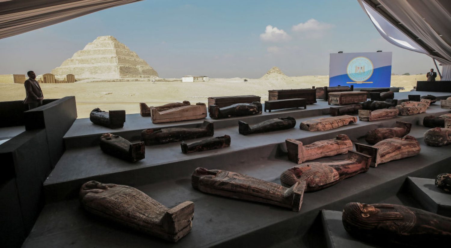 Ancient sarcophagi are displayed during a press conference at Saqqara. Photo: Fadel Dawood/dpa via Getty Images.