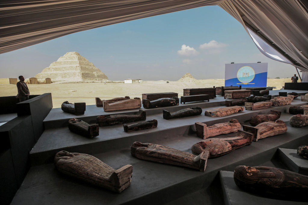 Ancient sarcophagi are displayed during a press conference at Saqqara. Photo: Fadel Dawood/dpa via Getty Images.