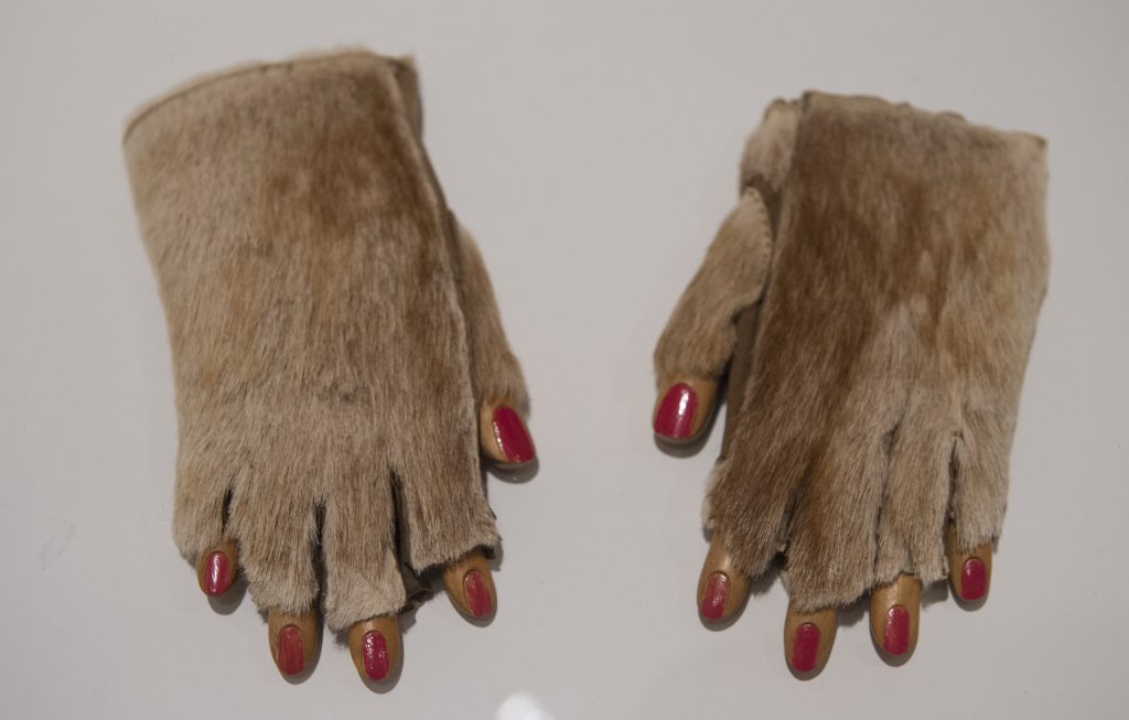 Meret Oppenheim, <em>Fur Gloves</em> (1936) at the artist's retrospective at Berlin's Martin-Gropius-Bau in 2013. Photo by John MacDougall/AFP via Getty Images.