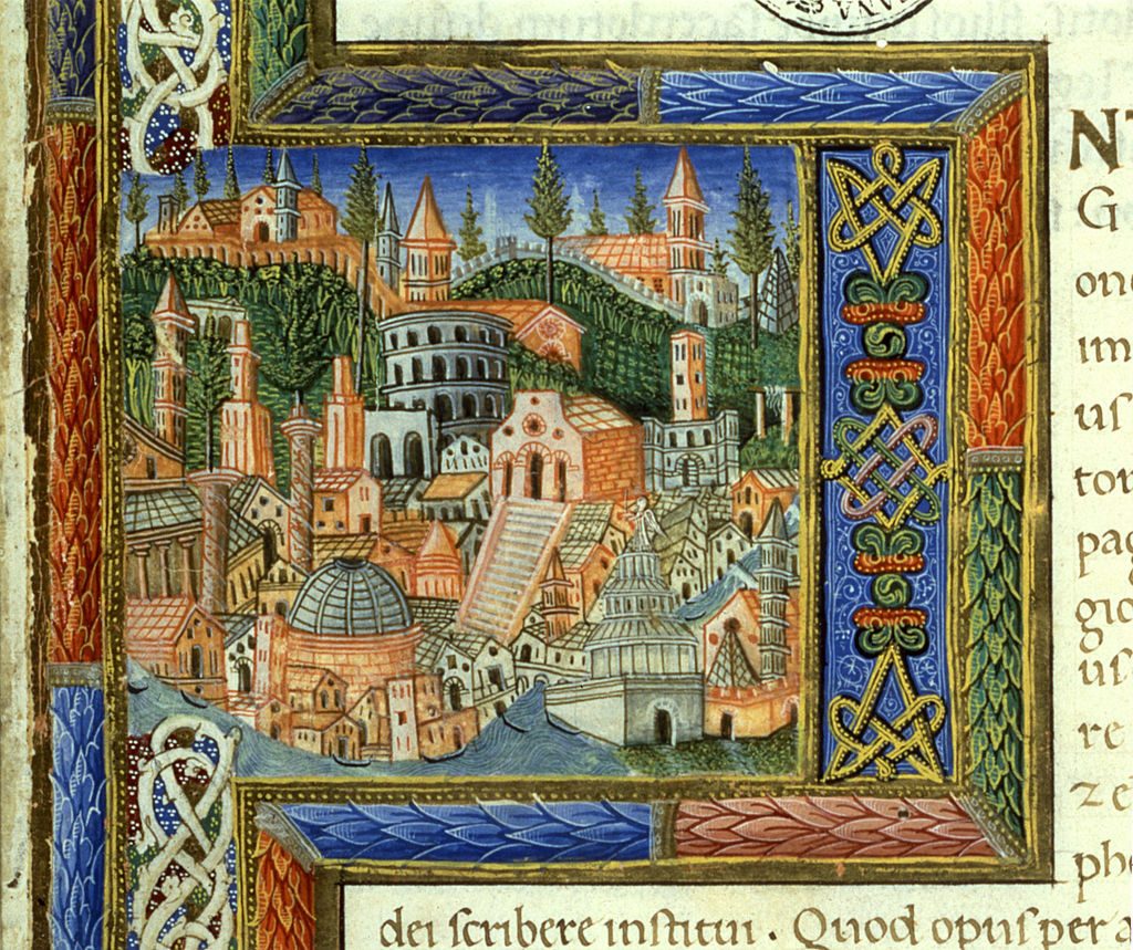 View of the city of Rome - Miniature of the Code De Civitate Dei by Saint Augustine, by Giovanni from Milano, Jacopo from Fabriano, 1456, 15th century, illuminated parchment codex. Vatican City, Apostolic Vatican Library. Photo by Electa/Mondadori Portfolio via Getty Images.