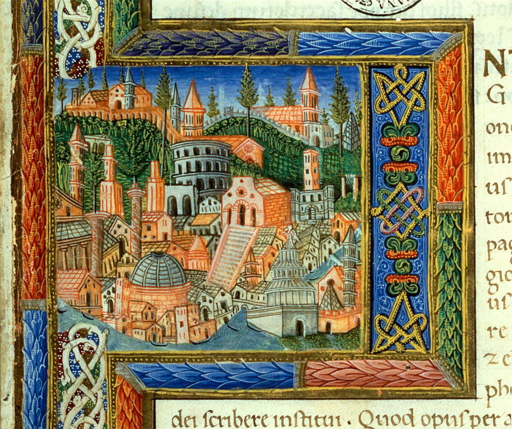 View of the city of Rome - Miniature of the Code De Civitate Dei by Saint Augustine, by Giovanni from Milano, Jacopo from Fabriano, 1456, 15th century, illuminated parchment codex. Vatican City, Apostolic Vatican Library. Photo by Electa/Mondadori Portfolio via Getty Images.