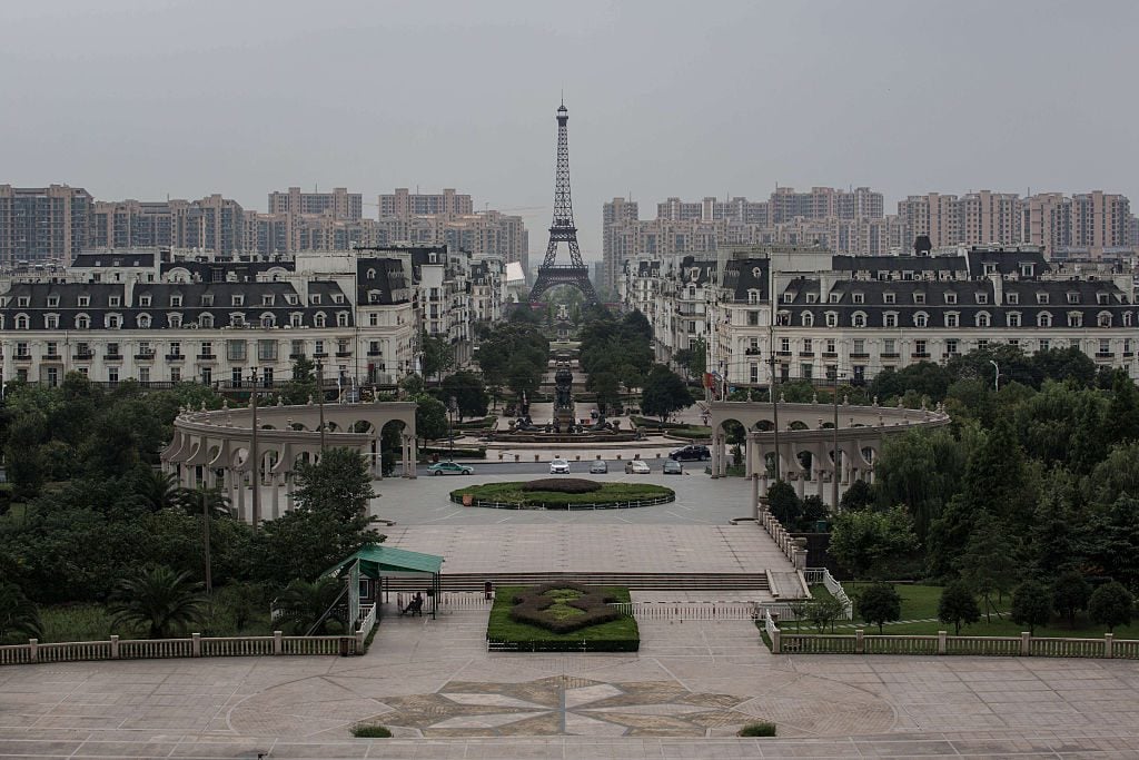 A replica of Parisian houses and the Eiffel Tower in Tianducheng, a residential community build by Zhejiang Guangsha Co. Ltd. Photo by Guillaume Payen/LightRocket via Getty Images.