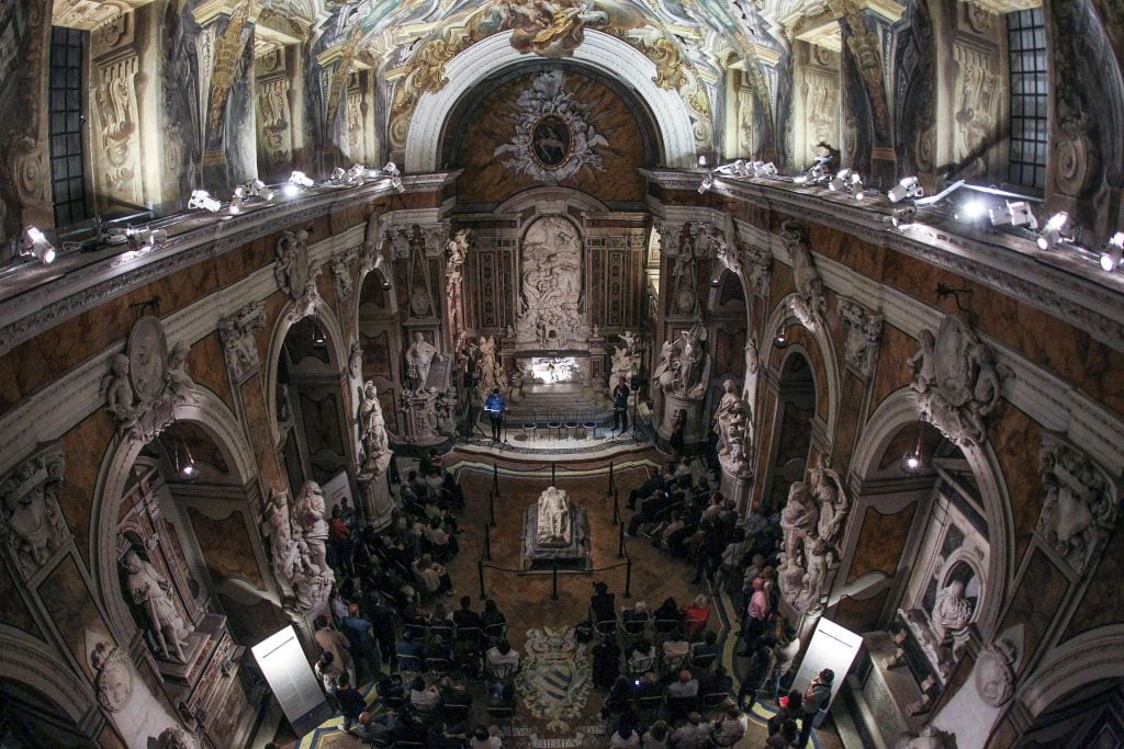 A view from the top of the chapel of Sansevero, with the sculpture of the veiled Christ lying in the middle. (Photo by Marco Cantile/LightRocket via Getty Images)