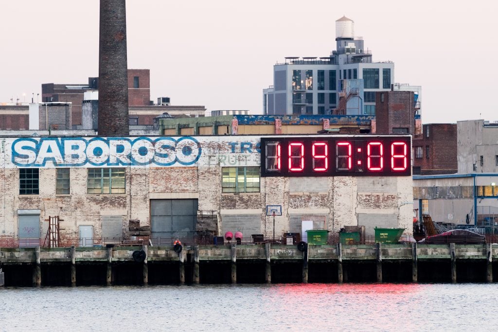 The Trump countdown clock on the facade of Matthew Barney's studio building. Photo by Michael Brochstein/SOPA Images/LightRocket via Getty Images.