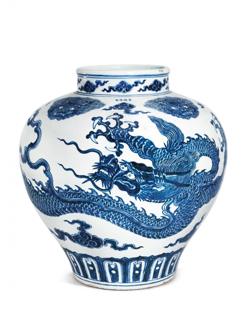 Large Blue And White ‘dragon’ Jar, Guan Xuande Four-character Mark In Underglaze Blue And Of The Period (1426–1435).