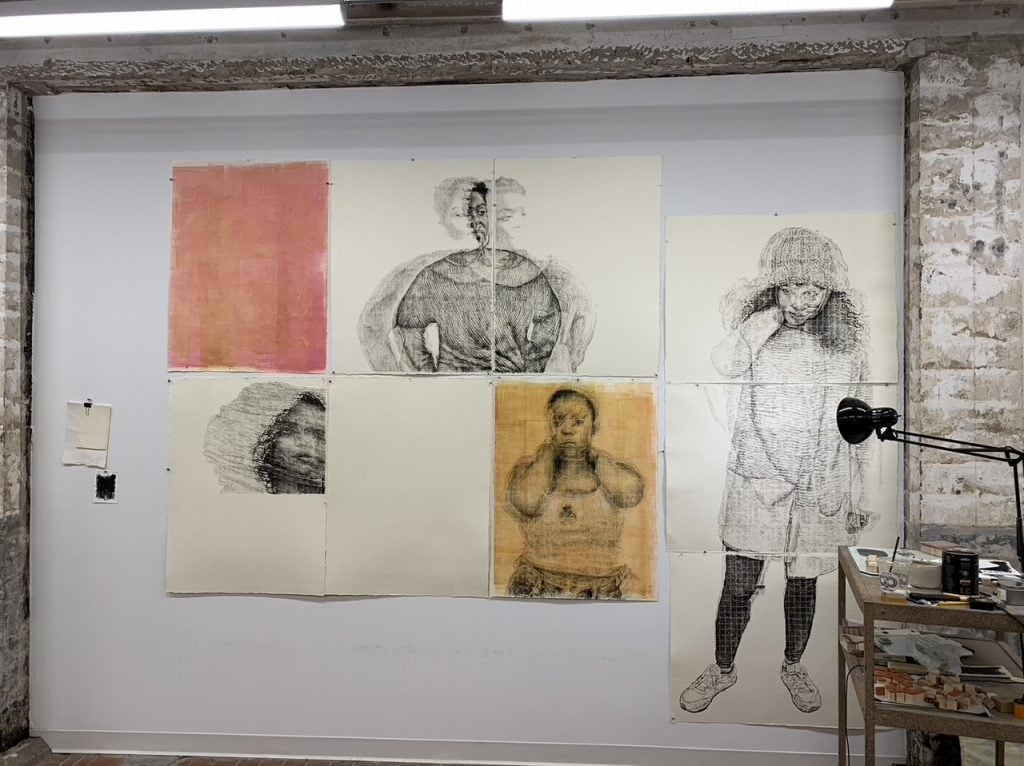 Kenturah Davis’s studio showing text drawings in progress. Image courtesy the artist.