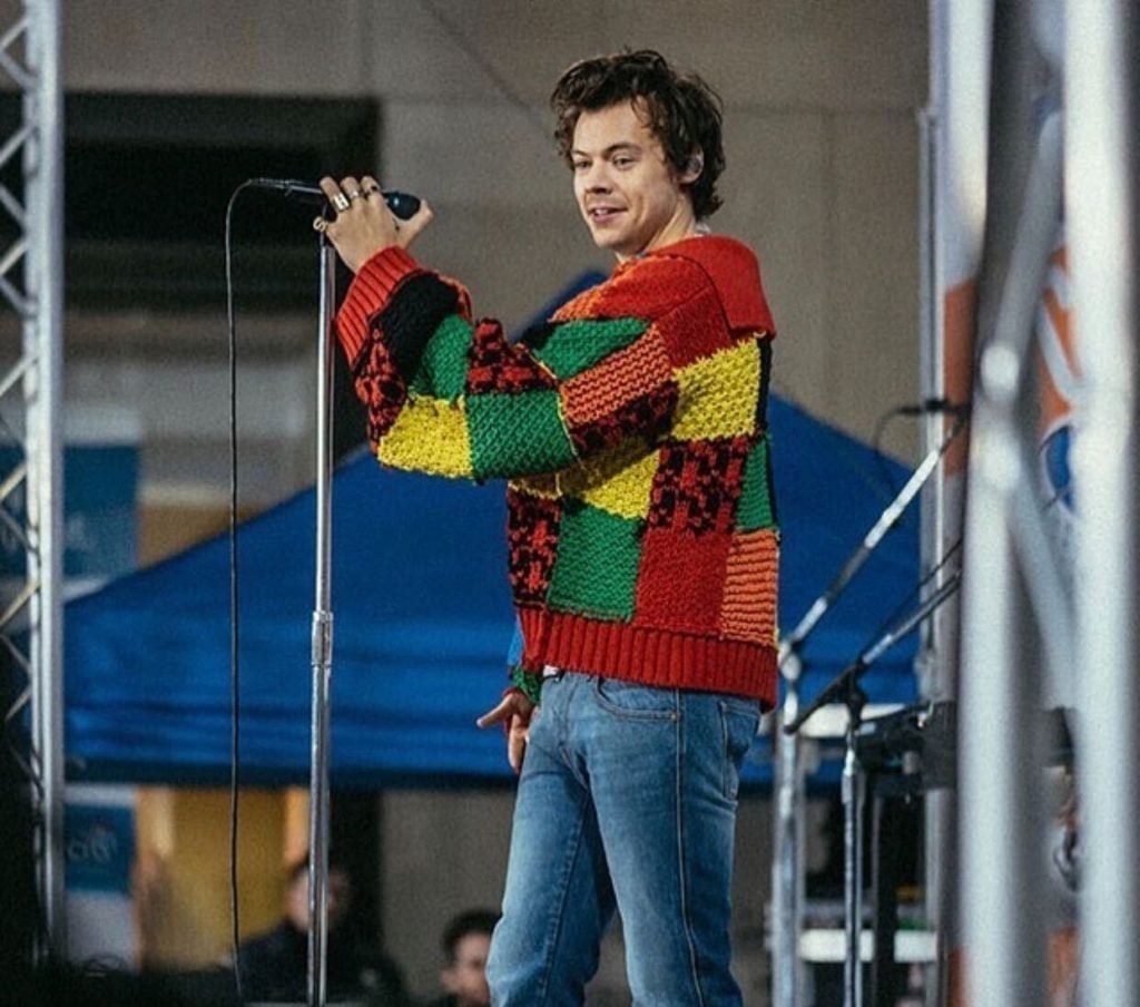 Harry Styles wearing the JW Anderson patchwork sweater. Courtesy of JW Anderson Instagram.
