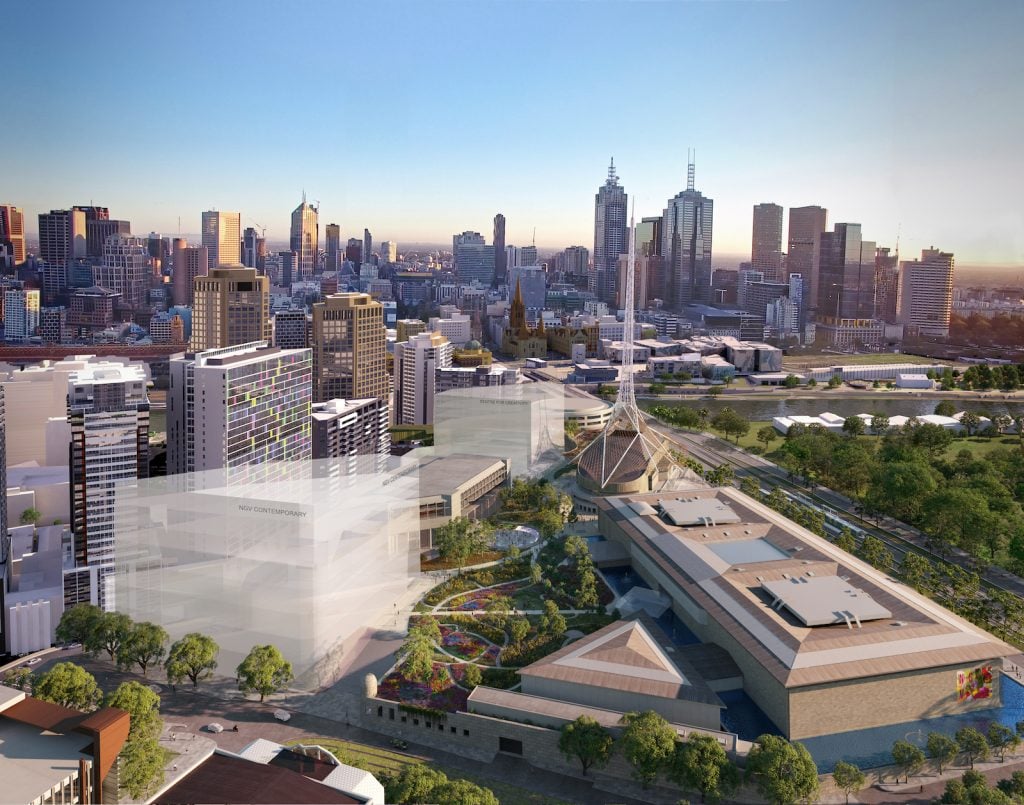 A bird's eye view of the Melbourne Arts Precinct from Southbank Boulevard facing north (artist impression). Architects Hassell + SO-IL. Courtesy National Gallery of Victoria.