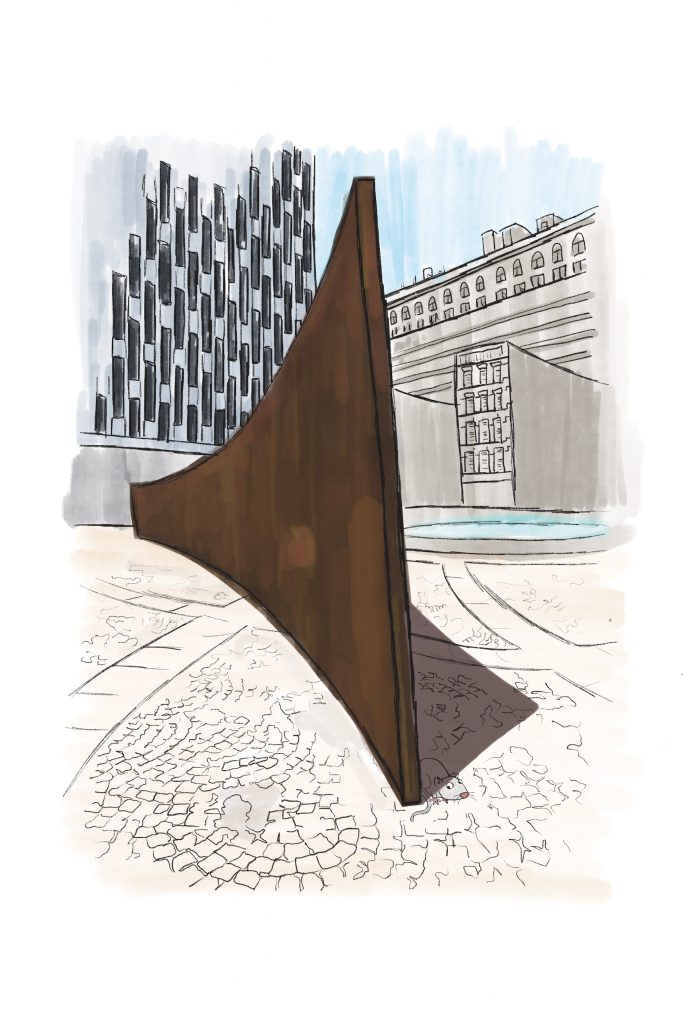 Richard Serra, Tilted Arc (1981) at Site, 26 Federal Plaza, in Lori Zimmer's Art Hiding in New York, with illustrations by Maria Krasinski. Courtesy of Running Press.