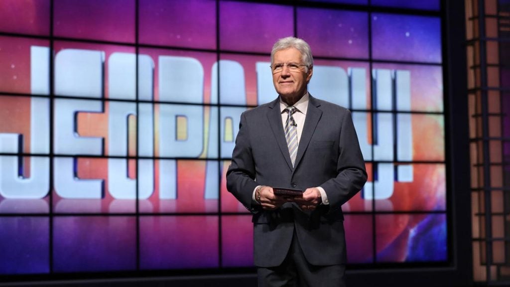 Alex Trebek on the set of <em>Jeopardy</em>. Photo courtesy of <em>Jeopardy</em>. 
