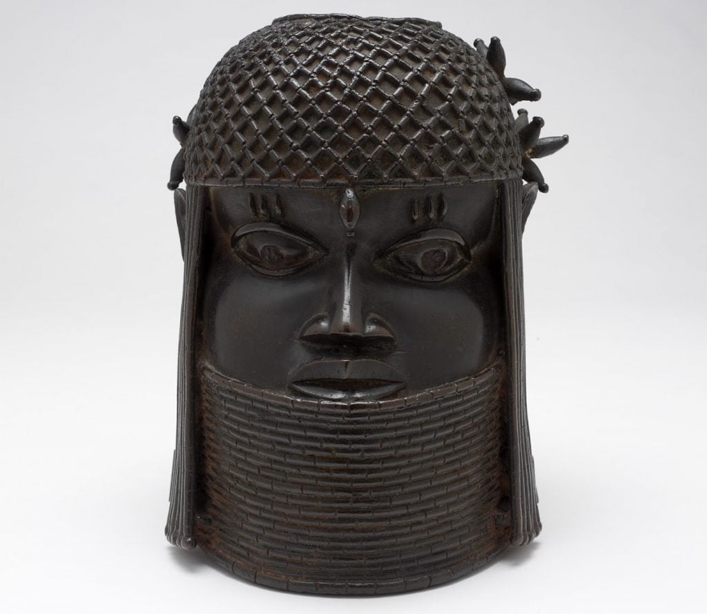 Benin bronze, Head of a King (Oba), probably 1700s. Deaccessioned by the Fine Arts Committee and Board of Governors, fall 2020. Photo courtesy of RISD. 