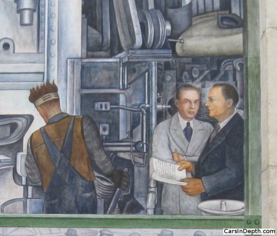 Diego Rivera, Detroit Industry south wall [detail] (1932-33), featuring Edsel Ford (in gray suit) and DIA director William Valentiner (in blue suit), depicted holding contract for the murals