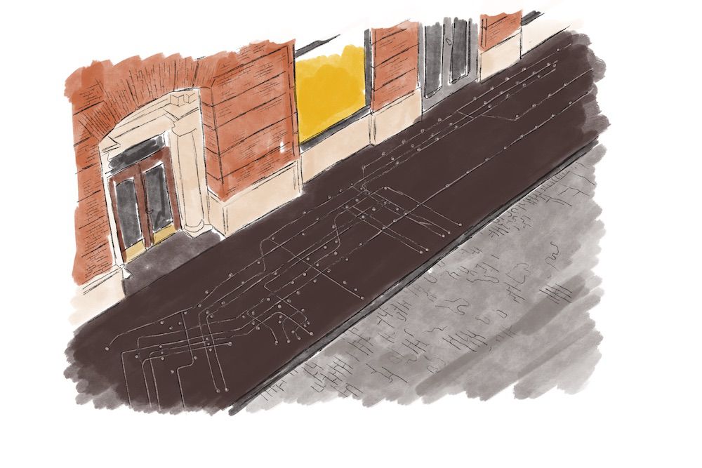 Francoise Schein, <em>Subway Map Floating on a New York Sidewalk</em> (1985) at 110 Greene Street, in Lori Zimmer's <em>Art Hiding in New York</em>, with illustrations by Maria Krasinski. Courtesy of Running Press. 
