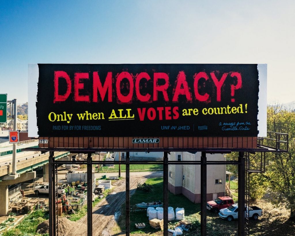 Hank Willis Thomas tweeted this image of a billboard by the Guerrilla Girls, created for For Freedoms and installed in Wheeling, West Virginia. Photo by Alyssa Meadows, courtesy of For Freedoms.