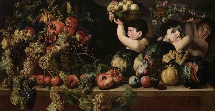 Michelangelo Cerquozzi, Still Life of Fruit with Three Figures of Children (Allegory of Autumn). Courtesy of Robilant & Voena.