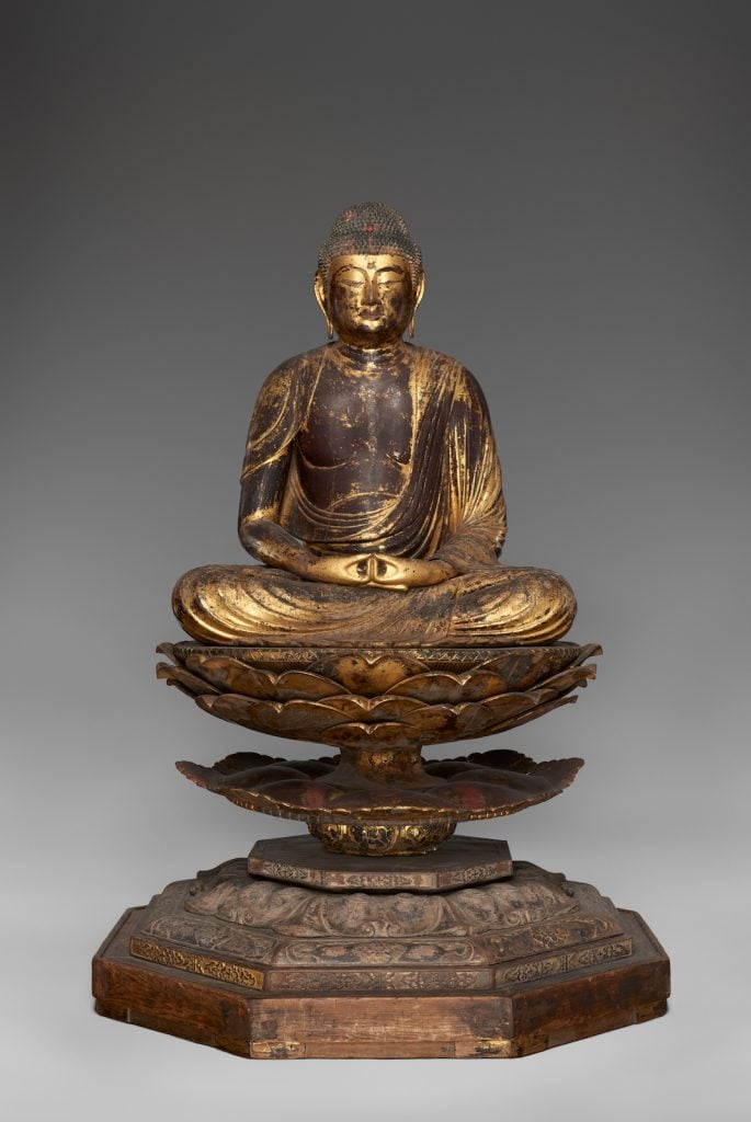 Seated Buddha Amitabha (Amida), 1150-1185. Japan, Heian period (794-1185). Wood with lacquer and gold. The Avery Brundage Collection, B60S10+. Photograph © Asian Art Museum.
