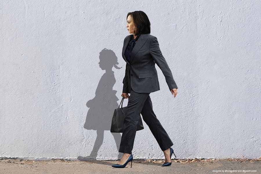 Good Trubble and Bria Goeller, <em>That Little Girl Was Me</em>, combining a photograph of Vice President-elect Kamala Harris with the shadow of Ruby Bridges from Norman Rockwell’s famous painting <em>The Problem We All Live With</em>. Courtesy of Good Trubble. 