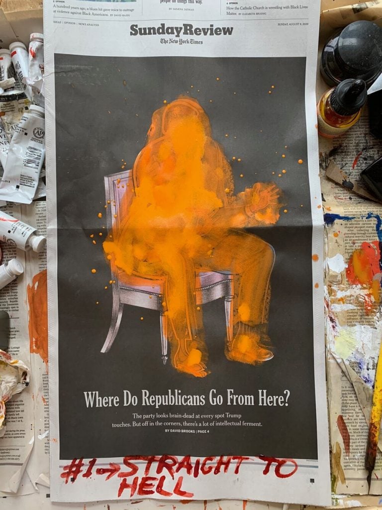 Mira Schor, <em>Intervention, New York Times cover, August 9, 2020 “Straight to Hell”</em> (2020). Photo courtesy of Lyles & King. 