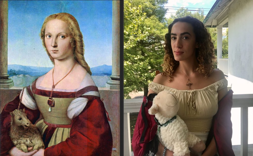 Lily Shattenkirk recreating Raphael's <em>Portrait of Young Woman with Unicorn</em>. Photo courtesy of Naomi Yavneh-Klos. 