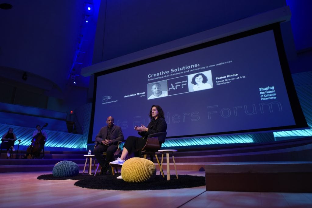 Artist Hank Willis Thomas and Patton Hindle, Head of Arts at Kickstarter, at the 2019 Arts Funders Forum. Image by Luis Olazabal, Courtesy Arts Funders Forum.
