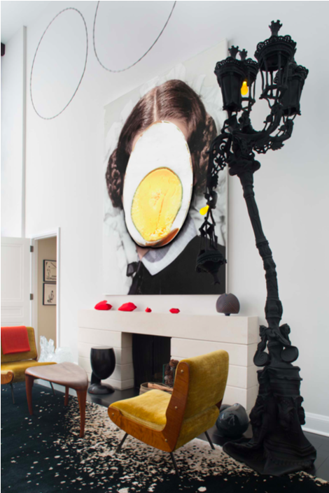 An Urs Fischer lamppost sculpture and silkscreen painting in the collection of Dominique Levy.