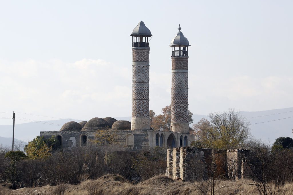 A view of Agdam mosque which was transferred to Azerbaijan after 27 years under Armenian control, is seen in Agdam, Azerbaijan on November 27, 2020. Photo: Murat Kaynak/Anadolu Agency via Getty Images.