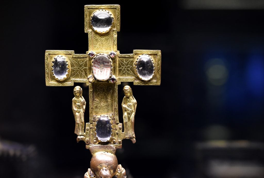 Detail of a reliquary crucifix, part of the Guelph Treasure at the Museum of Decorative Arts in Berlin. Photo by Tobias Schwarz / AFP/Getty Images.