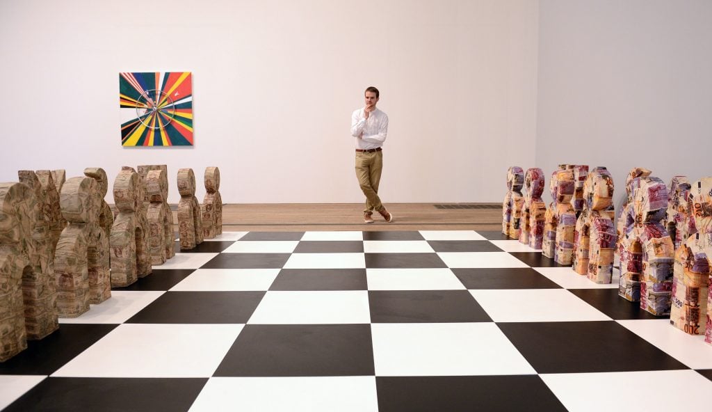 Meschac Gaba's chess set as part of the installation "Game Room" at Tate. (Photo by Stefan Rousseau/PA Images via Getty Images)