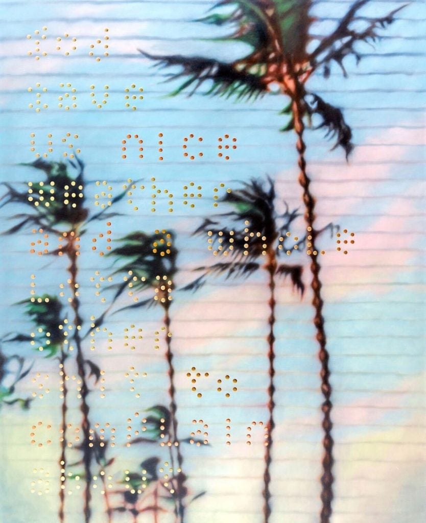 Raul Cordero, Tropical Painting No. 3 (God gave us nice weather and a whole lotta other shit to complain about...) (2017). Courtesy of Mai36 Galerie.