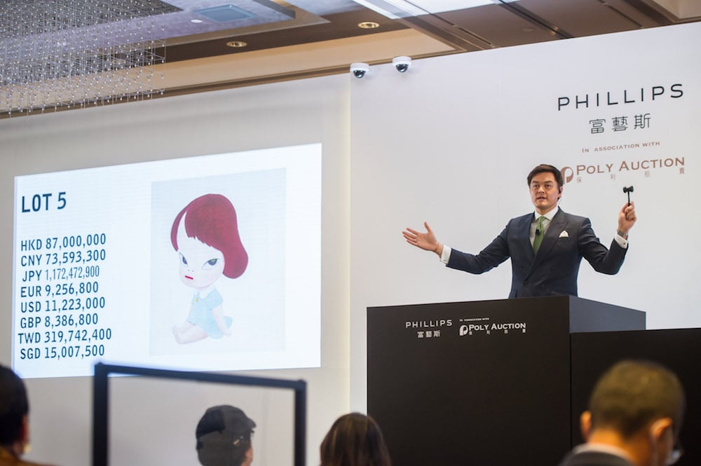 Jonathan Crockett, Phillips chairman of Asia, on the auction rostrum for Phillips and Poly Auction's Hong Kong evening sale. Image courtesy Phillips and Poly Auction.
