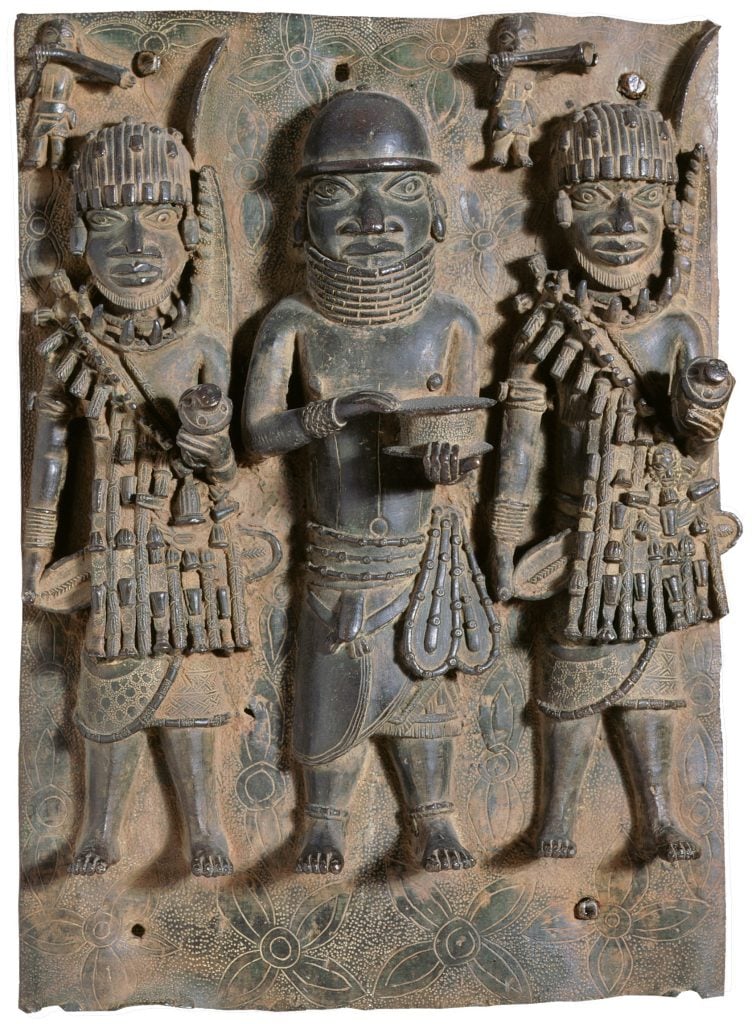 Brass plaque looted by Captain George Le Clerc Egerton from Benin City. Pitt Rivers Museum/Dumas-Egerton Trust (accession number 1991.13.8).