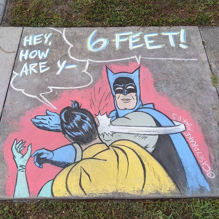 A sidewalk chalk drawing by Casey Drake featuring Batman and Robin. Photo courtesy of Casey Drake. 