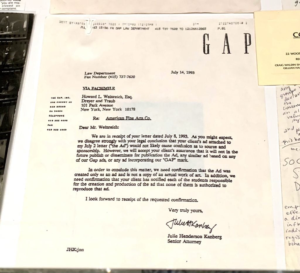 Letter from Gap Corp., displayed in "ART CLUB2000: Selected Works 1992-1999 at Artists Space. (Photo by Ben Davis.)