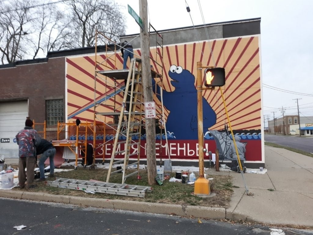 Work in progress on the mural over Thanksgiving weekend. Photo courtesy Joshua Hawkins.