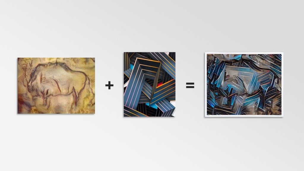 Obvious used artificial intelligence to generate a new artwork based on an AI-created Lascaux cave painting-style animal figure and Raws's <em>CHAOS</em>. The result is <em>Parietal Burner #1</em>. Courtesy of Obvious. 